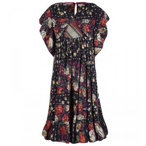 Pre Owned Kenzo Floral and Check Print Gathered Jersey Bow Detail Dress M