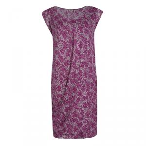 Pre Owned Kenzo Pink and Grey Floral Printed Lurex Knit Draped Front Dress M