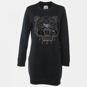 Pre Owned Kenzo Black Tiger Embroidered Cotton Knit Dress L