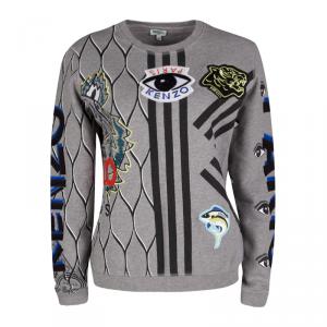Pre Owned Kenzo Grey Cotton Multi Icon Detail Embroidered Sweatshirt M