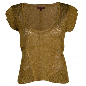 Pre Owned Kenzo Gold Lurex Detail Perforated Knit Cop Top L