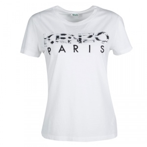 Pre Owned Kenzo White Logo Applique Detail Short Sleeve T-Shirt M