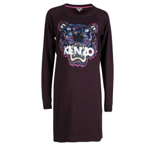 Pre Owned Kenzo Burgundy Tiger Motif Ribbed Trim Long Sleeve Sweatshirt Dress M