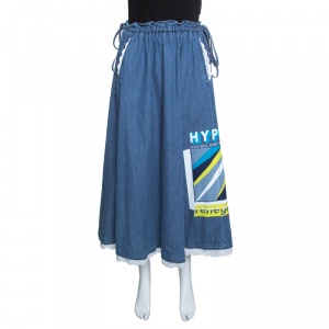Pre Owned Kenzo Indigo Lace Trim Tie Detail Hyper Denim Skirt S