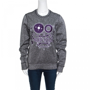 Pre Owned Kenzo Metallic Grey Embroidered Monster Motif Sweatshirt S