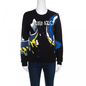 Pre Owned Kenzo Black Koi Fish Printed Cotton Long Sleeve Sweatshirt M