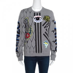 Pre Owned Kenzo Grey Multi Icon Embroidered Logo Applique Long Sleeve Sweatshirt M