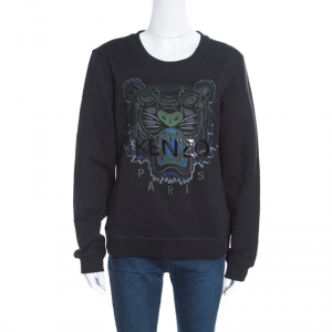 Pre Owned Kenzo Black Embroidered Applique Detail Tiger Motif Sweatshirt L