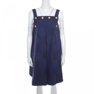 Pre Owned Kenzo Navy Blue Polka Dot Cotton Jacquard Gold Button Detail Pinafore Dress M