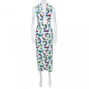 Pre Owned Kenzo White Fish Printed Techno Crepe Cutout Detail Halter Midi Dress S