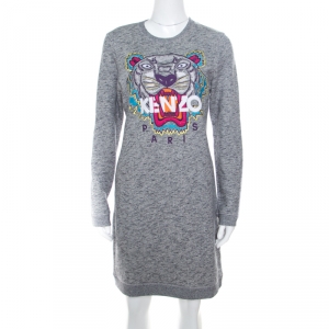 Pre Owned Kenzo Grey Melange Knit Cotton Embroidered Tiger Motif Sweater Dress M