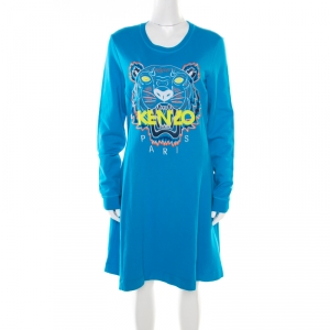 Pre Owned Kenzo Blue Tiger Motif Embroidered Long Sleeve Sweatshirt Dress L