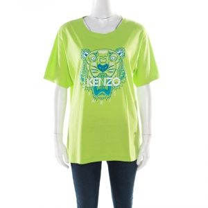 Pre Owned Kenzo Jungle Leaf Green Logo Printed Cotton Short Sleeve T-Shirt L