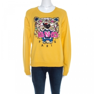 Pre Owned Kenzo Yellow Embroidered Tiger Motif Crew Neck Sweatshirt L