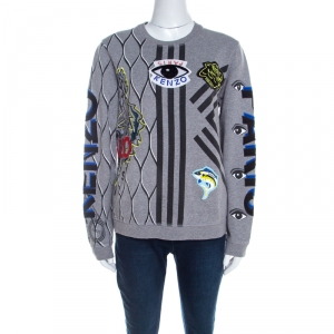Pre Owned Kenzo Grey Cotton Multi Icon Detail Embroidered Sweatshirt  L