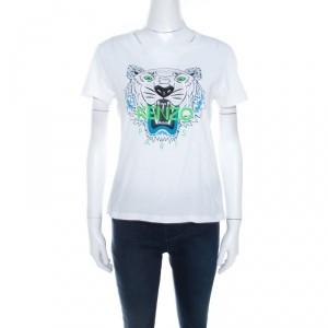 Pre Owned Kenzo White Tiger Motif Print Cotton Jersey Crew Neck T Shirt M