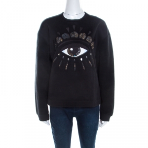 Pre Owned Kenzo Black Fleece Lined Lotus Eye Embroidered Neoprene Sweatshirt M