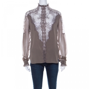 Pre Owned Kenzo Défilé Sage Green Silk and Sheer Lace Paneled Button Front Blouse S