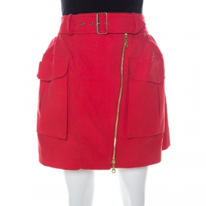 Pre Owned Kenzo Red Cotton Asymmetric Zip Front Belted Cargo Skirt M
