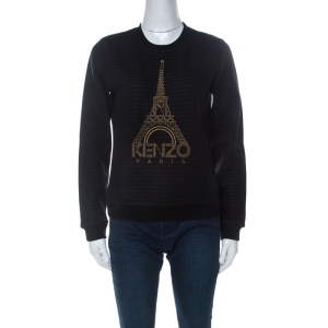 Kenzo Black Knit Metallic Eiffel Tower Motif Sweatshirt S