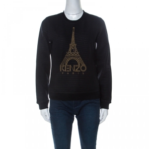 Pre Owned Kenzo Black Knit Metallic Eiffel Tower Motif Sweatshirt S