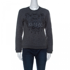 Pre Owned Kenzo Charcoal Grey Tiger Embroidered Marled Cotton Sweatshirt M