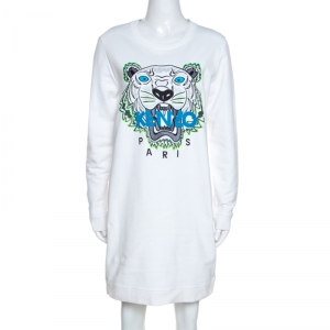 Pre Owned Kenzo White Cotton Jersey Tiger Embroidery Sweatshirt Dress L