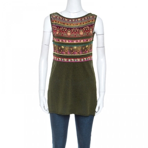 Pre Owned Kenzo Olive Green Jacquard Lurex Knit Sleeveless Tunic Top L