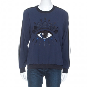 Pre Owned Kenzo Navy Blue Crepe Evil Eye Embroidered Jumper M