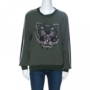 Pre Owned Kenzo Olive Green Crepe Tiger Motif Detail Sweatshirt M