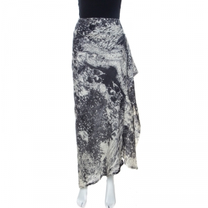Pre Owned Kenzo Bicolor Abstract Print Wool Ruffle Detail Maxi Skirt M