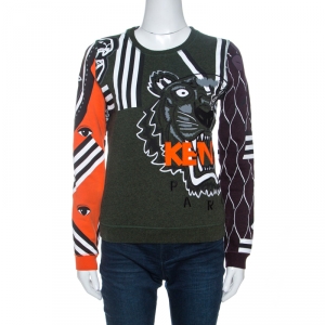 Pre Owned Kenzo Multicolor Printed & Tiger Embroidered Knit Sweatshirt S