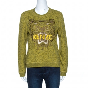 Pre Owned Kenzo Green Tiger Embroidered Marl Knit Sweatshirt M