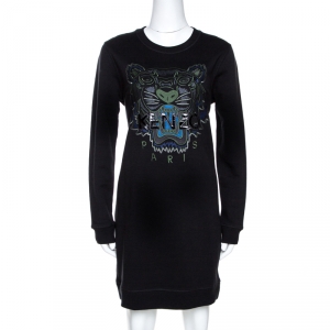 Pre Owned Kenzo Black Logo & Tiger Embroidered Cotton Sweatshirt Dress M