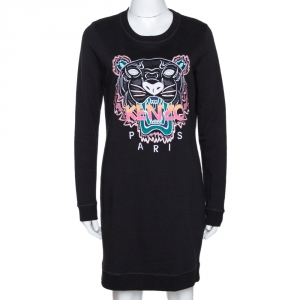Pre Owned Kenzo Black Tiger Embroidered Cotton Sweatshirt Dress S