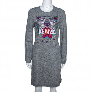 Pre Owned Kenzo Grey Melange Knit Embroidered Tiger Motif Sweater Dress L