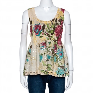 Pre Owned Kenzo Cream Floral Print Knit Paneled Sleeveless Scoop Neck Top M