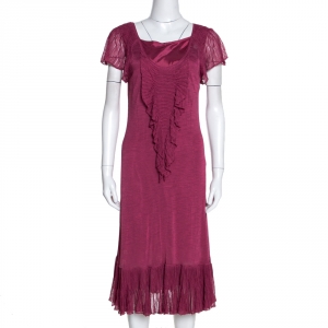 Pre Owned Kenzo Pink Knit Ruffle Detail Midi Dress L