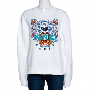 Pre Owned Kenzo White Tiger Embroidered Cotton Sweatshirt XL