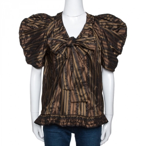 Pre Owned Kenzo Brown Striped Silk Blend Bow Detail Ruffled Blouse L 