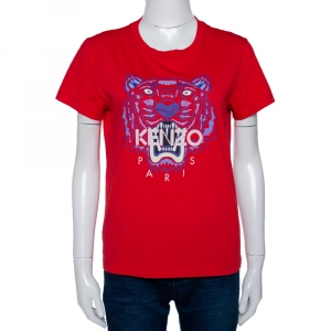 Pre Owned Kenzo Bright Red Cotton Tiger Motif Short Sleeve T Shirt M