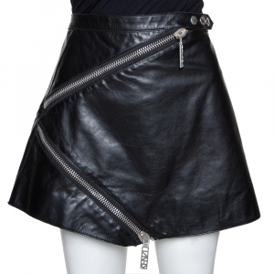 Pre Owned Kenzo Black Leather Zip Detail Mini Skirt L