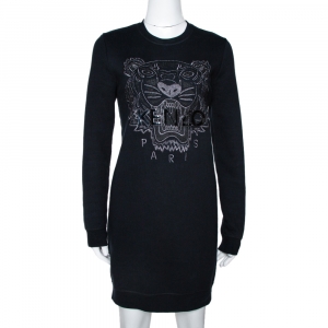 Pre Owned Kenzo Black Knit Tiger Motif Sweatshirt Dress M 
