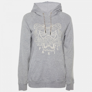 Kenzo Grey Tiger Embroidered Cotton Knit Hoodie S