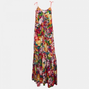 Kenzo Multicolor Floral Print Silk Shoulder Strap Maxi Dress M