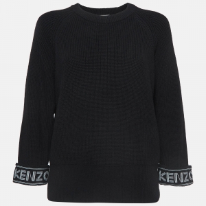 Pre Owned Kenzo Black Logo Intarsia Rib Knit Crew Neck Sweater M