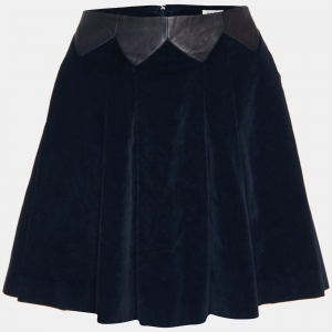 Pre Owned Kenzo Midnight Blue Checked Velvet Leather Trim Flared Skirt M