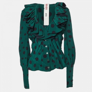Pre Owned Kenzo Green Polka Dot Print Silk Ruffled Blouse M
