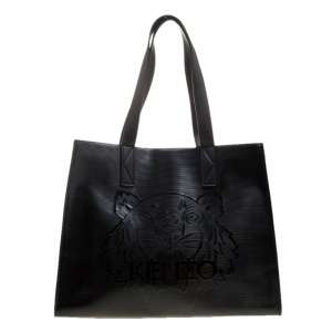 حقيبة يد كينزو شوبينغ نقش نمر PVC لامعة سوداء