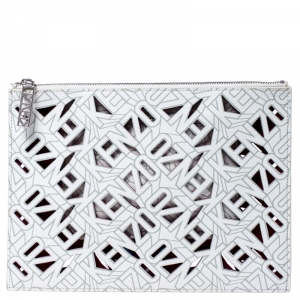 Kenzo White Cut Flying Leather Logo Zip Pouch
